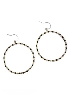 Rhinestone Dangle Hoop Earrings Silver Tone Black and Clear Prong Set Stones